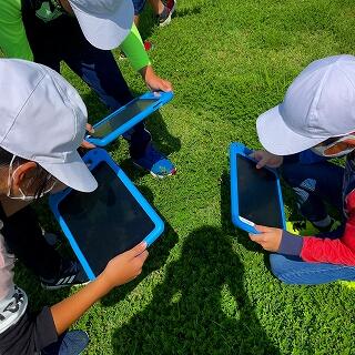 生き物を見つけると一斉にタブレットで撮影です