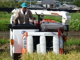 コンバインで刈り取り