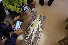 筋肉を確かめる児童