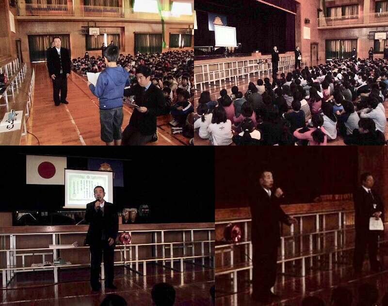 全校朝会でお祝い