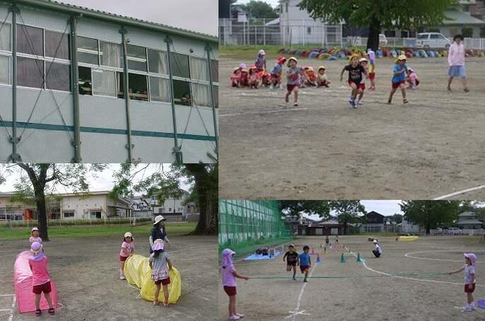 左上から時計回りに、窓から応援する５年生、かけっこ、障害物競走、準備も自分たちで･･･。