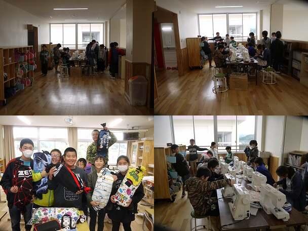 廊下でミシン作業