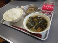 ごはん　さばごまみそ煮　マロニースープ